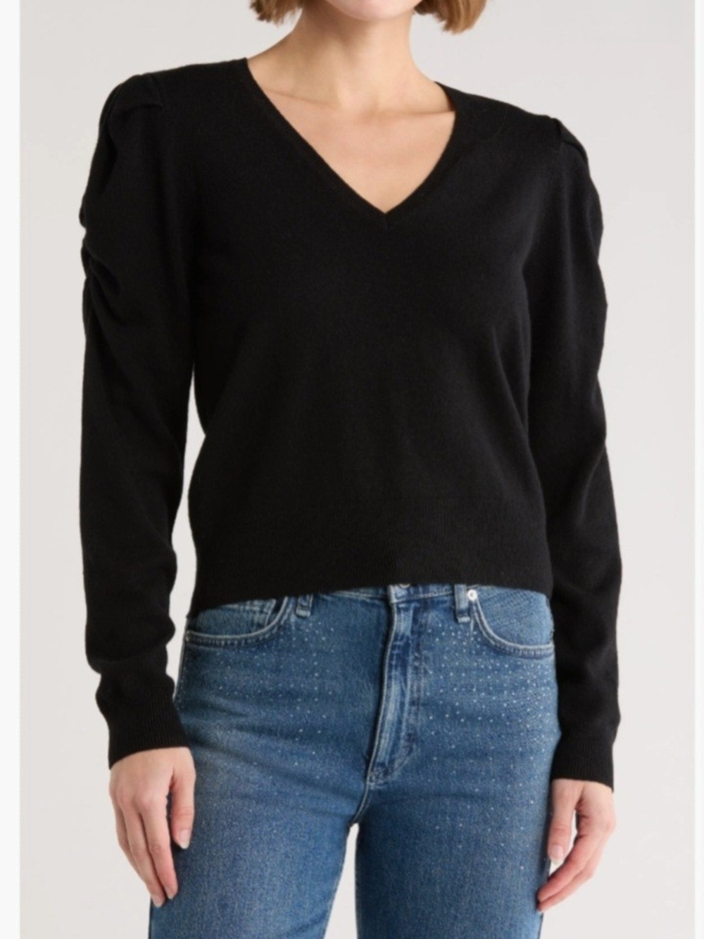 Frame Denim Black V-Neck Puff-Shoulder Sweater
